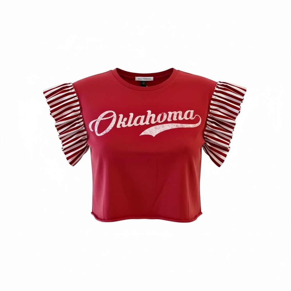 Oklahoma Red Women's Tee with Red and White Stripe Ruffle Sleeves